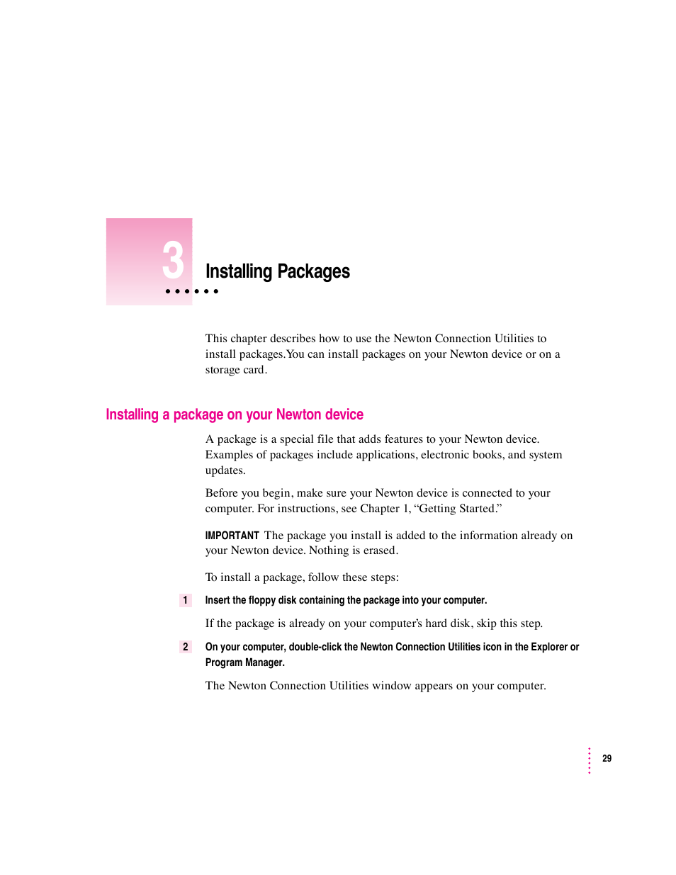 Installing packages | Apple Newton Connection Utilities (for Windows) User Manual | Page 29 / 108