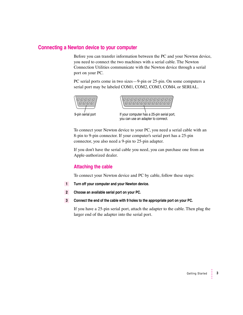 Connecting a newton device to your computer, Attaching the cable | Apple Newton Connection Utilities (for Windows) User Manual | Page 3 / 108