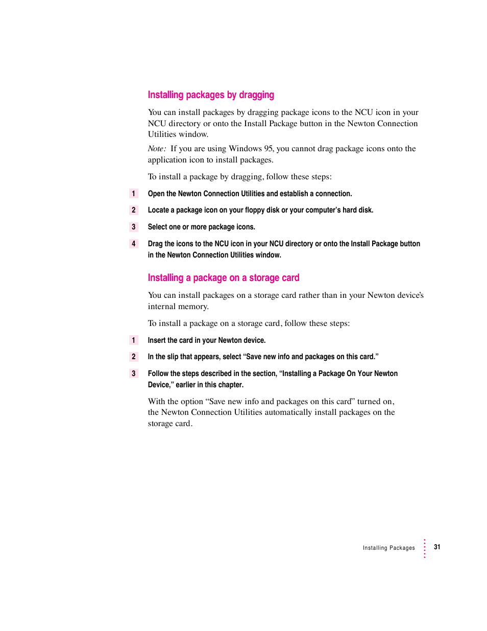 Installing packages by dragging, Installing a package on a storage card | Apple Newton Connection Utilities (for Windows) User Manual | Page 31 / 108