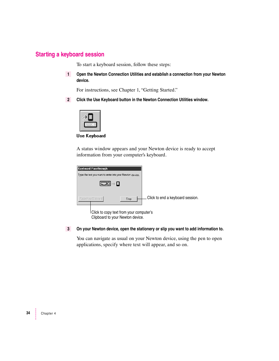 Starting a keyboard session | Apple Newton Connection Utilities (for Windows) User Manual | Page 34 / 108