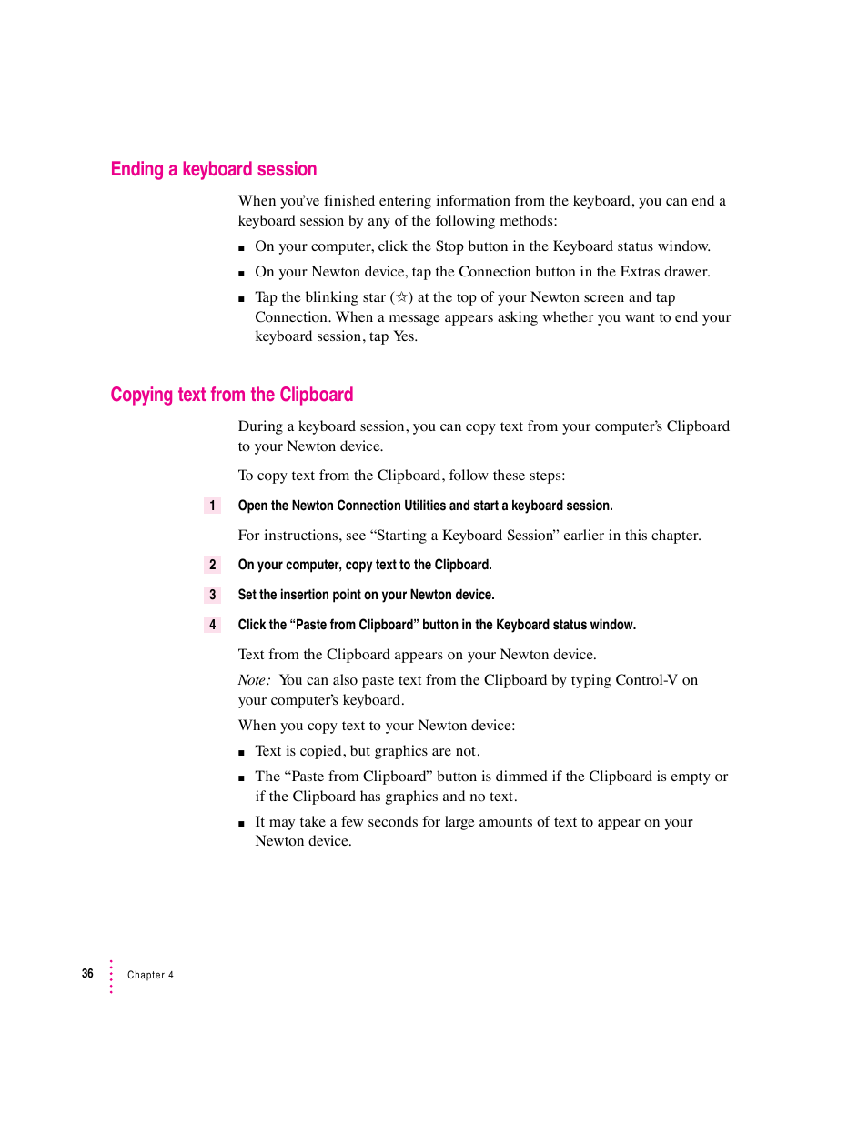 Ending a keyboard session, Copying text from the clipboard | Apple Newton Connection Utilities (for Windows) User Manual | Page 36 / 108