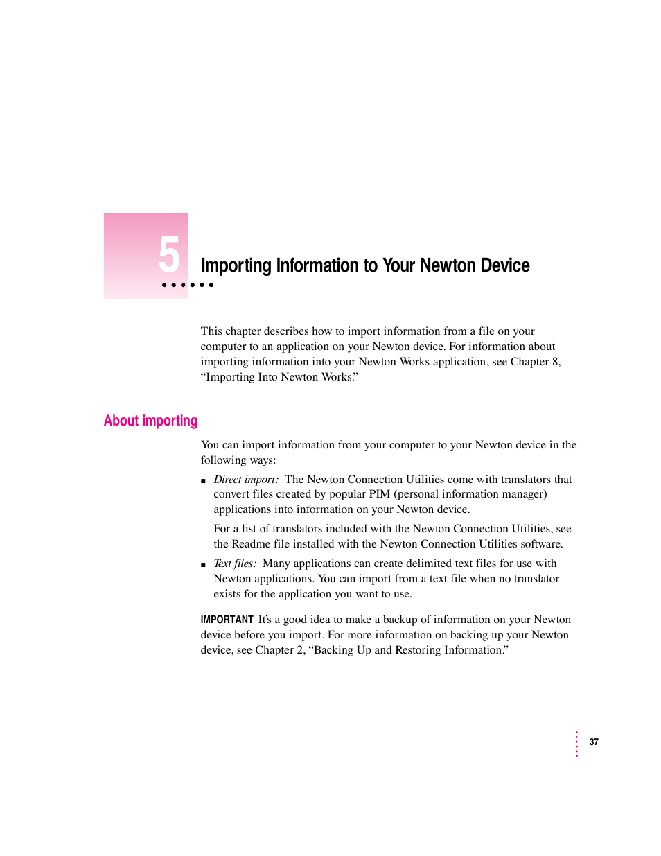 Importing information to your newton device | Apple Newton Connection Utilities (for Windows) User Manual | Page 37 / 108