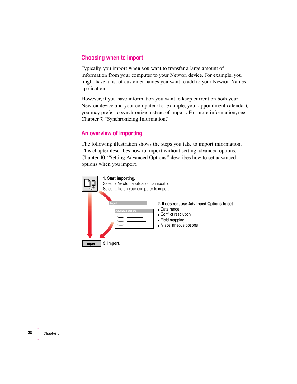 Choosing when to import, An overview of importing | Apple Newton Connection Utilities (for Windows) User Manual | Page 38 / 108