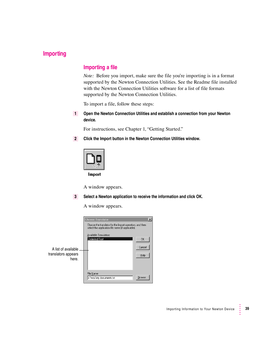 Importing, Importing a file | Apple Newton Connection Utilities (for Windows) User Manual | Page 39 / 108