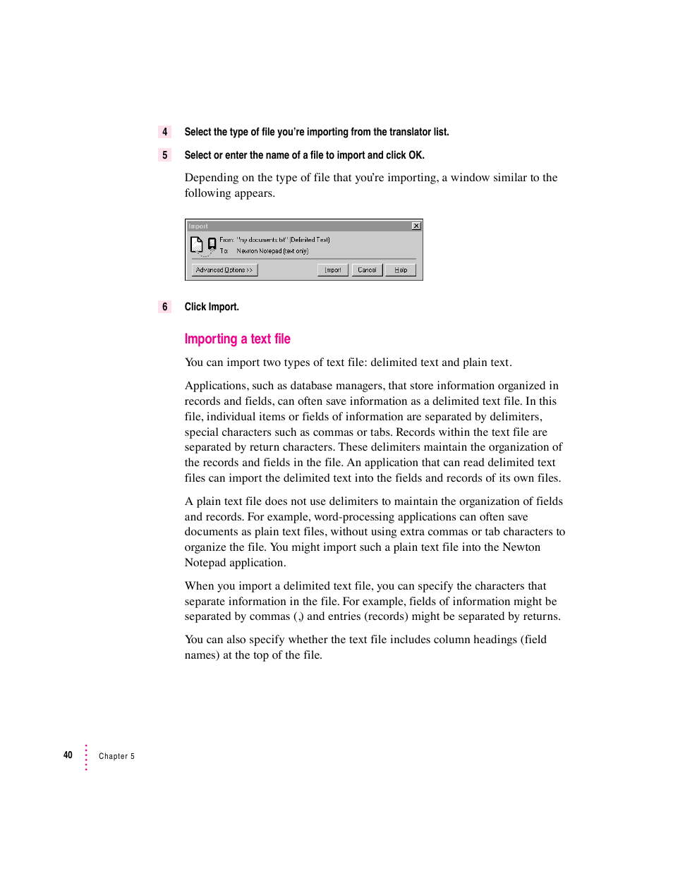 Importing a text file | Apple Newton Connection Utilities (for Windows) User Manual | Page 40 / 108