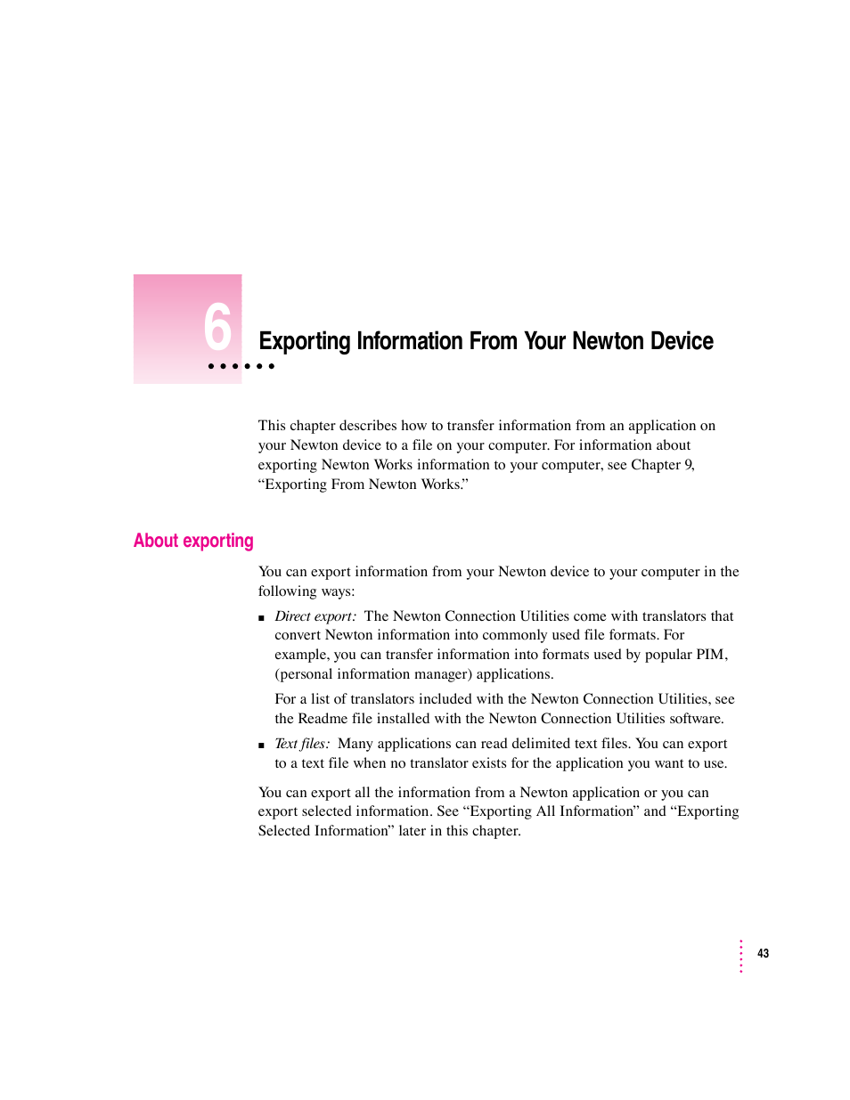 Exporting information from your newton device | Apple Newton Connection Utilities (for Windows) User Manual | Page 43 / 108