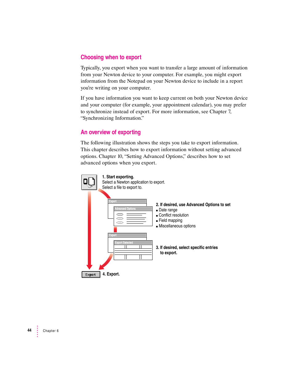 Choosing when to export, An overview of exporting | Apple Newton Connection Utilities (for Windows) User Manual | Page 44 / 108