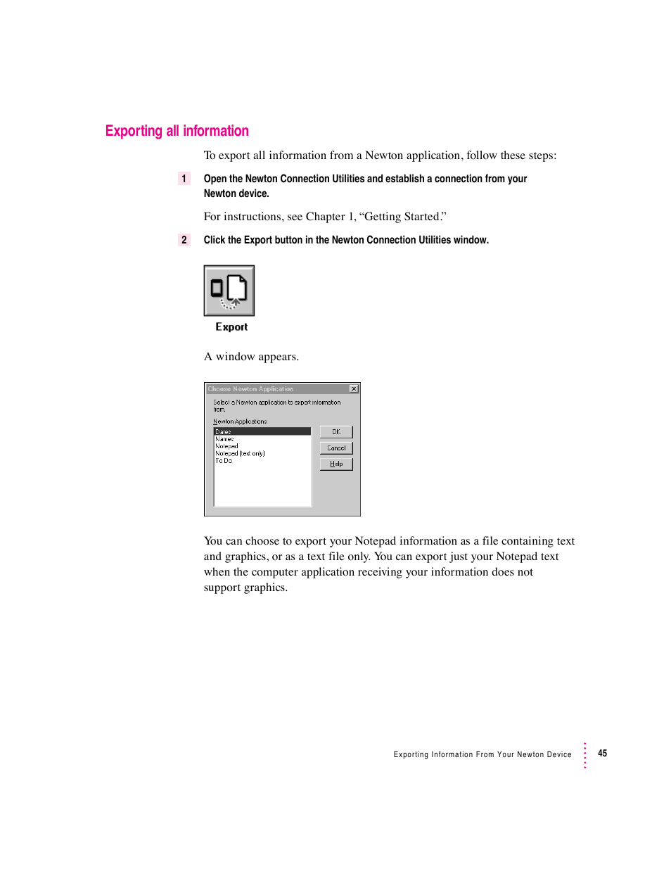 Exporting all information | Apple Newton Connection Utilities (for Windows) User Manual | Page 45 / 108