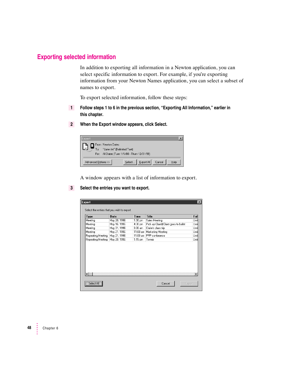 Exporting selected information | Apple Newton Connection Utilities (for Windows) User Manual | Page 48 / 108