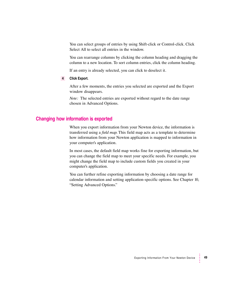Changing how information is exported | Apple Newton Connection Utilities (for Windows) User Manual | Page 49 / 108