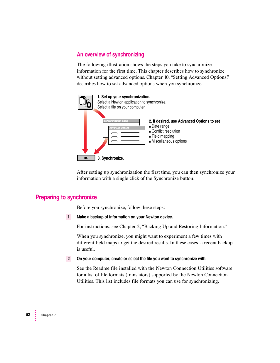 Preparing to synchronize, An overview of synchronizing | Apple Newton Connection Utilities (for Windows) User Manual | Page 52 / 108