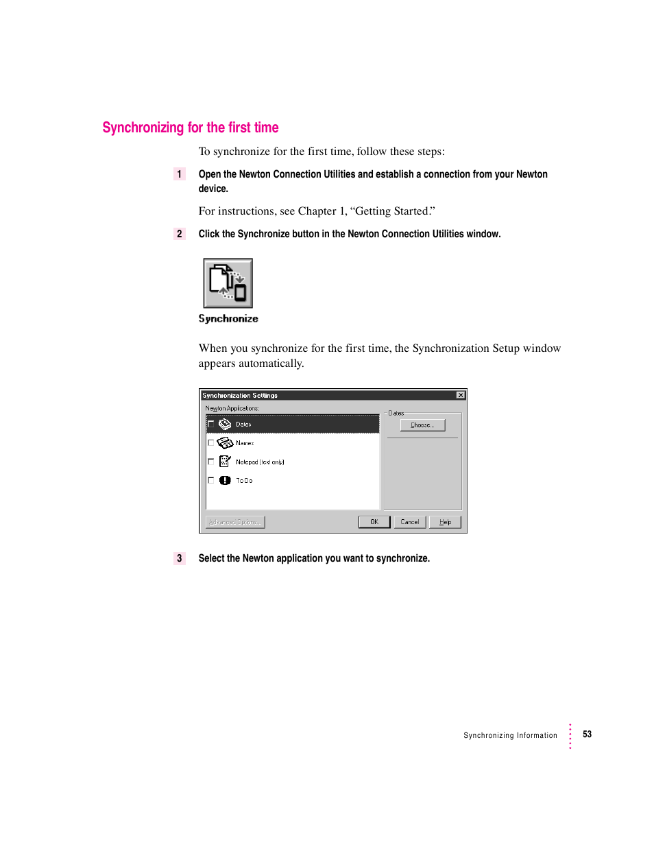 Synchronizing for the first time | Apple Newton Connection Utilities (for Windows) User Manual | Page 53 / 108