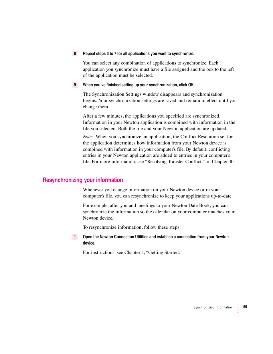 Resynchronizing your information | Apple Newton Connection Utilities (for Windows) User Manual | Page 55 / 108