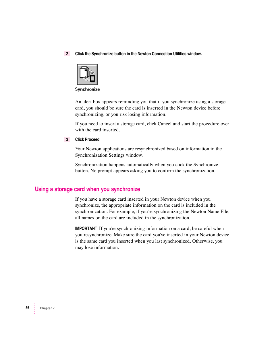 Using a storage card when you synchronize | Apple Newton Connection Utilities (for Windows) User Manual | Page 56 / 108