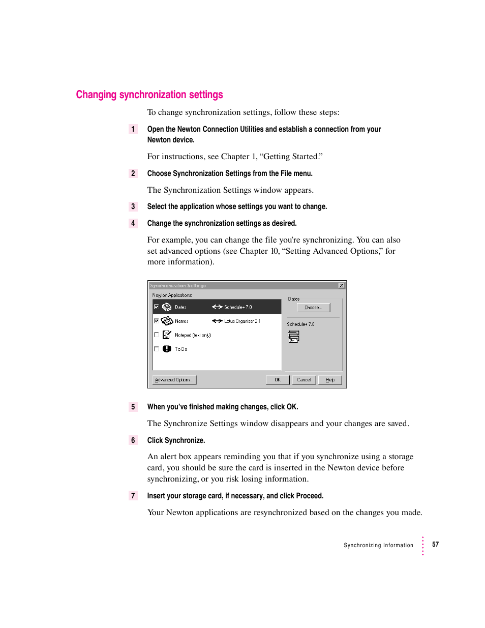 Changing synchronization settings | Apple Newton Connection Utilities (for Windows) User Manual | Page 57 / 108