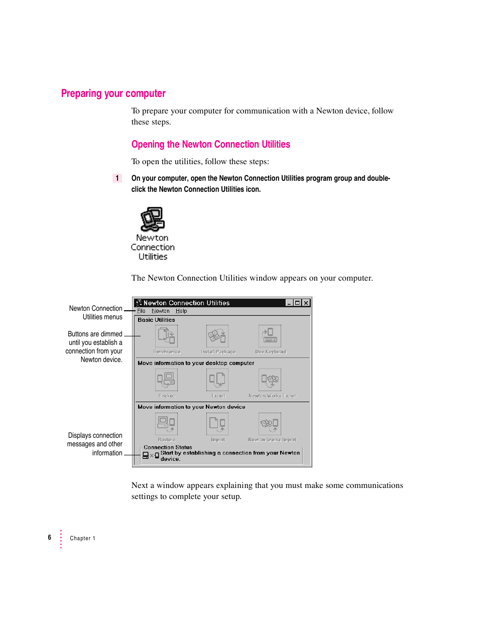 Preparing your computer, Opening the newton connection utilities | Apple Newton Connection Utilities (for Windows) User Manual | Page 6 / 108