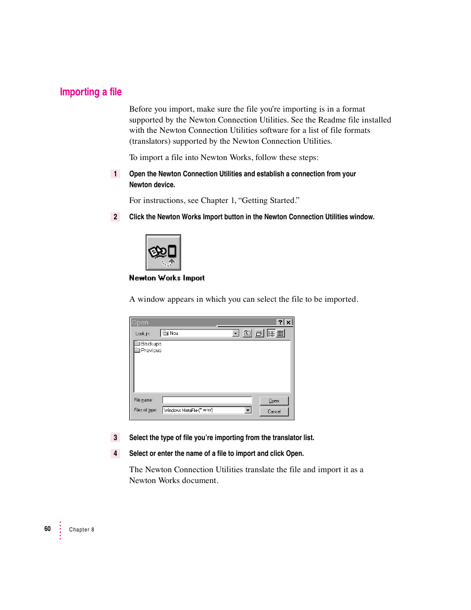 Importing a file | Apple Newton Connection Utilities (for Windows) User Manual | Page 60 / 108