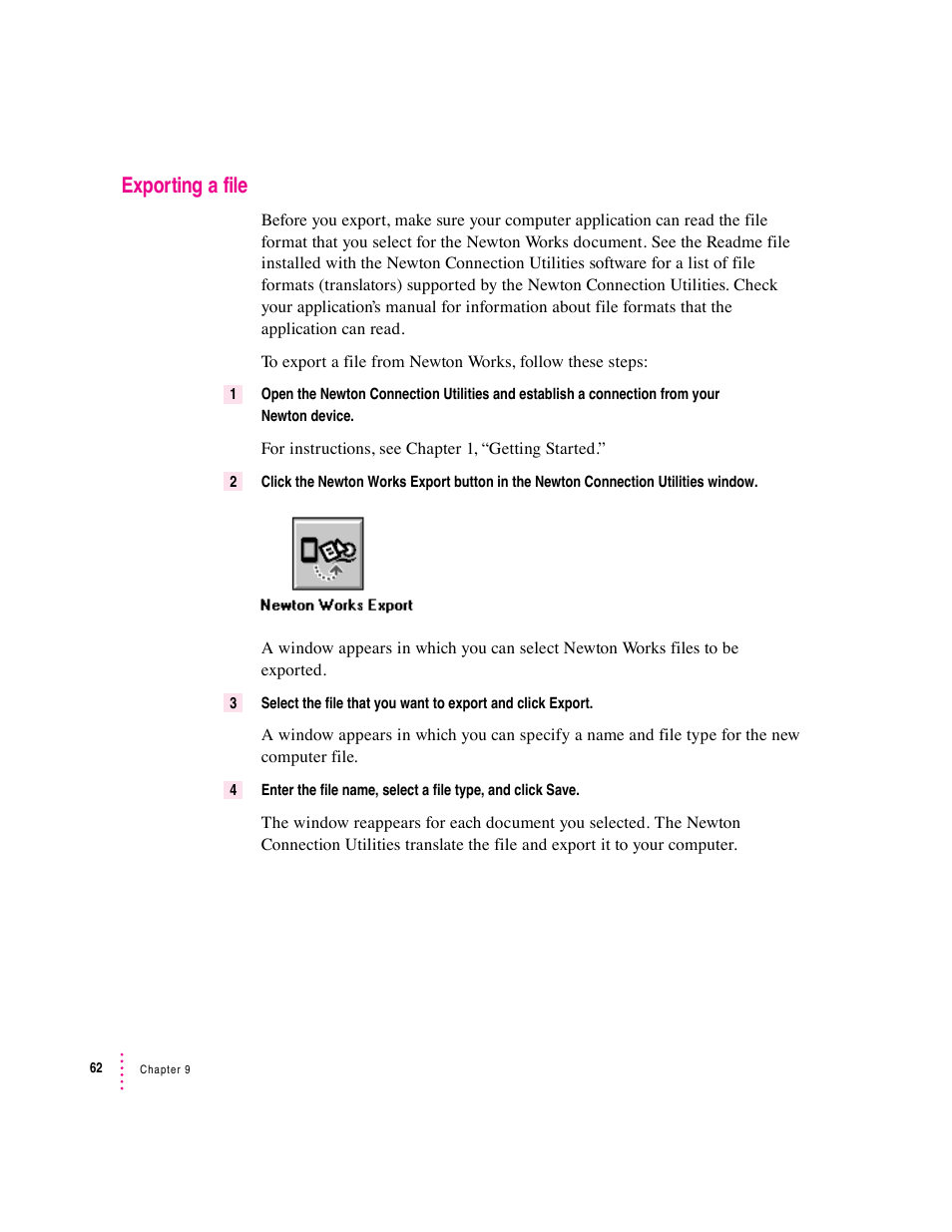 Exporting a file | Apple Newton Connection Utilities (for Windows) User Manual | Page 62 / 108