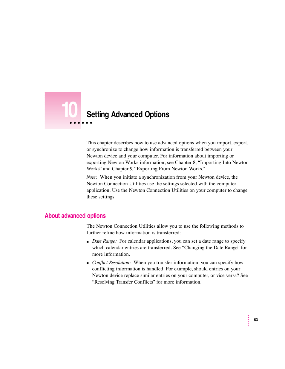 Setting advanced options | Apple Newton Connection Utilities (for Windows) User Manual | Page 63 / 108