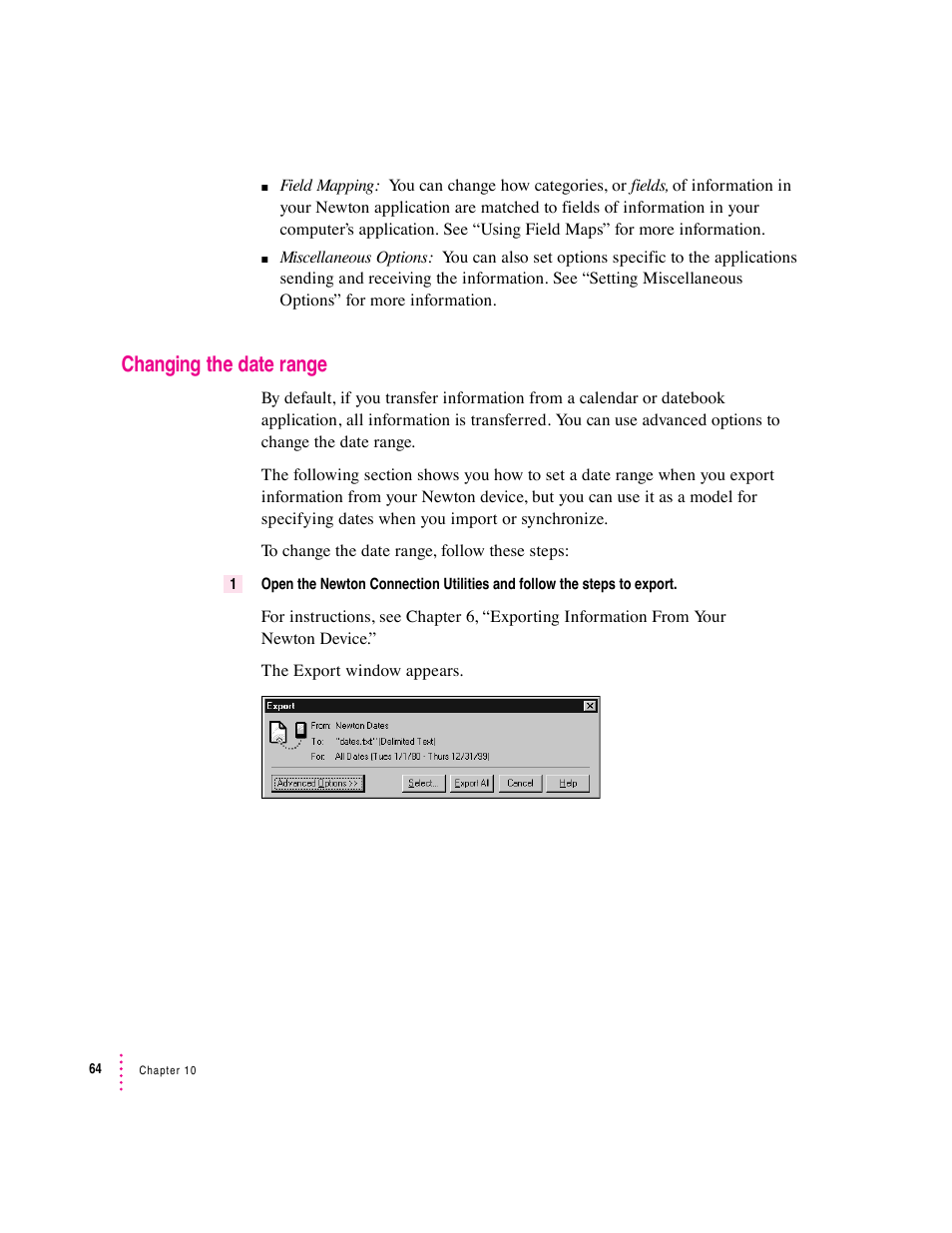 Changing the date range | Apple Newton Connection Utilities (for Windows) User Manual | Page 64 / 108