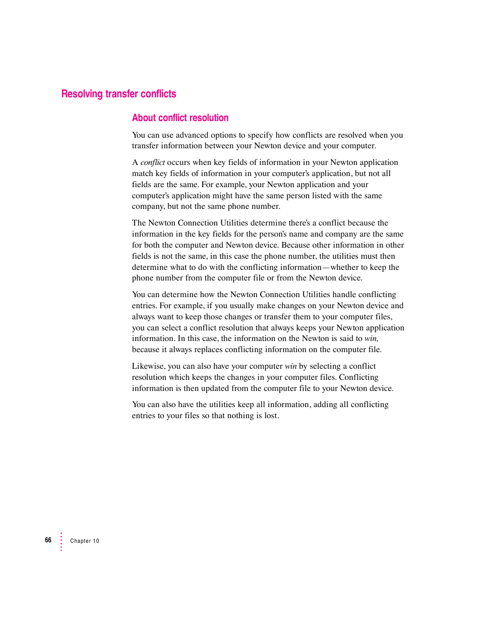 Resolving transfer conflicts | Apple Newton Connection Utilities (for Windows) User Manual | Page 66 / 108