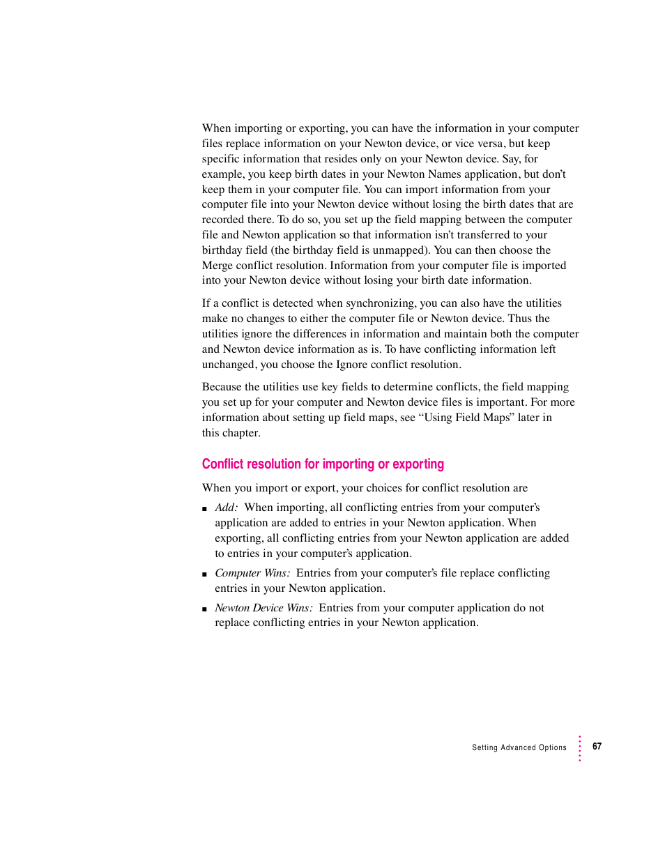 Conflict resolution for importing or exporting | Apple Newton Connection Utilities (for Windows) User Manual | Page 67 / 108