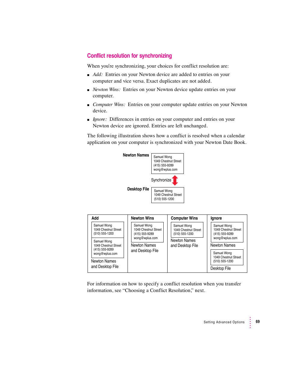 Conflict resolution for synchronizing | Apple Newton Connection Utilities (for Windows) User Manual | Page 69 / 108