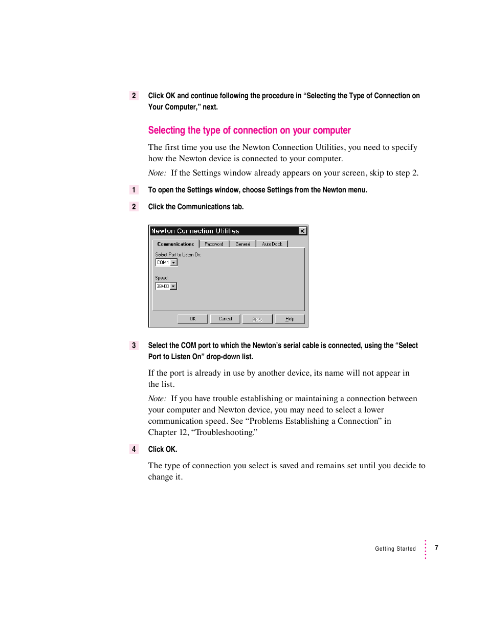 Selecting the type of connection on your computer | Apple Newton Connection Utilities (for Windows) User Manual | Page 7 / 108