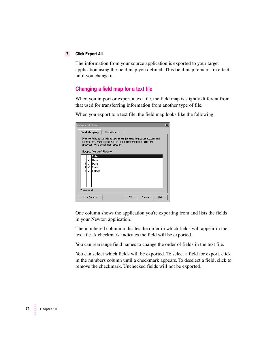 Changing a field map for a text file | Apple Newton Connection Utilities (for Windows) User Manual | Page 74 / 108