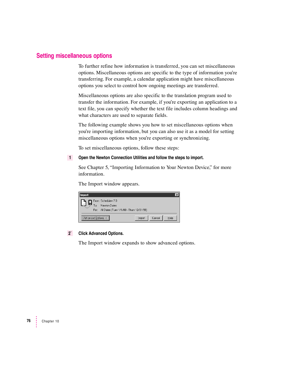 Setting miscellaneous options | Apple Newton Connection Utilities (for Windows) User Manual | Page 76 / 108