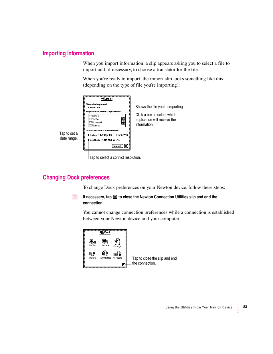 Importing information, Changing dock preferences | Apple Newton Connection Utilities (for Windows) User Manual | Page 83 / 108