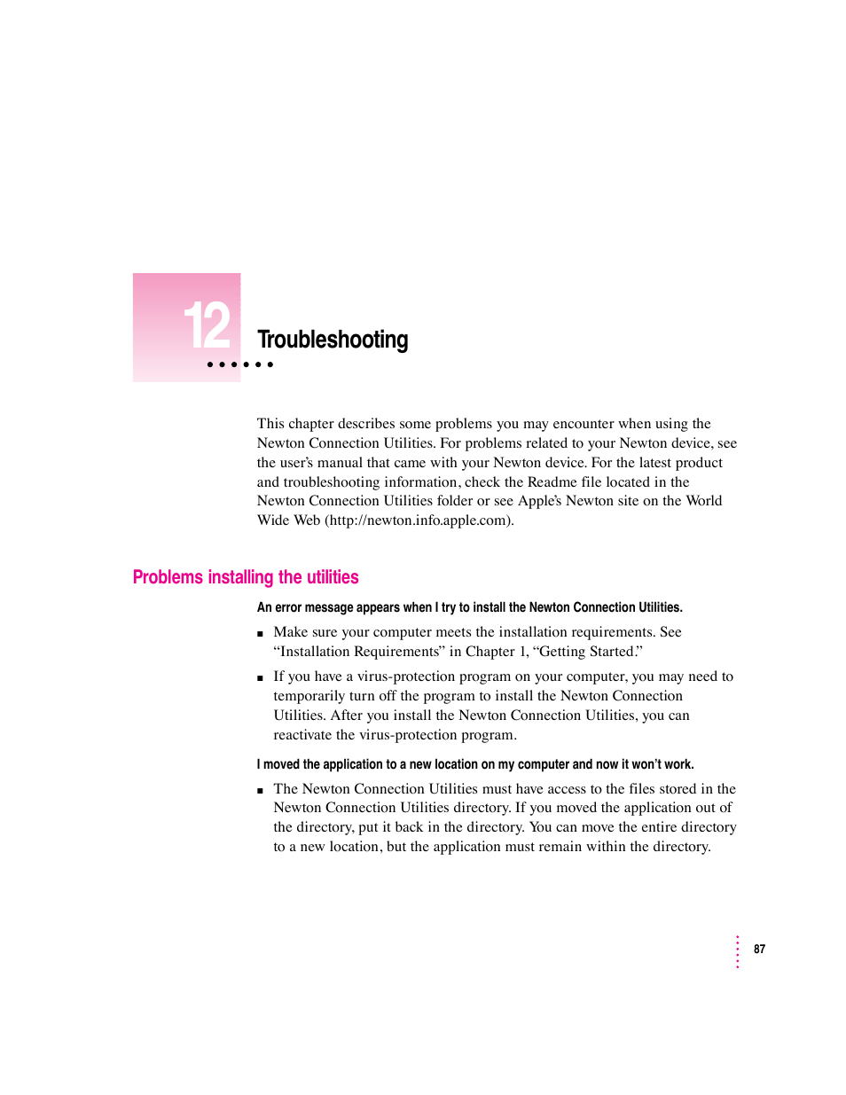 Troubleshooting | Apple Newton Connection Utilities (for Windows) User Manual | Page 87 / 108