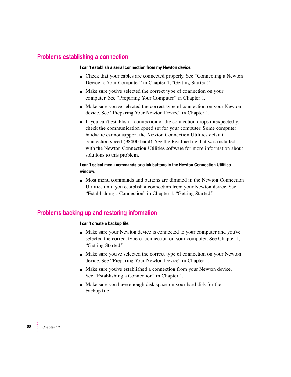 Problems establishing a connection, Problems backing up and restoring information | Apple Newton Connection Utilities (for Windows) User Manual | Page 88 / 108