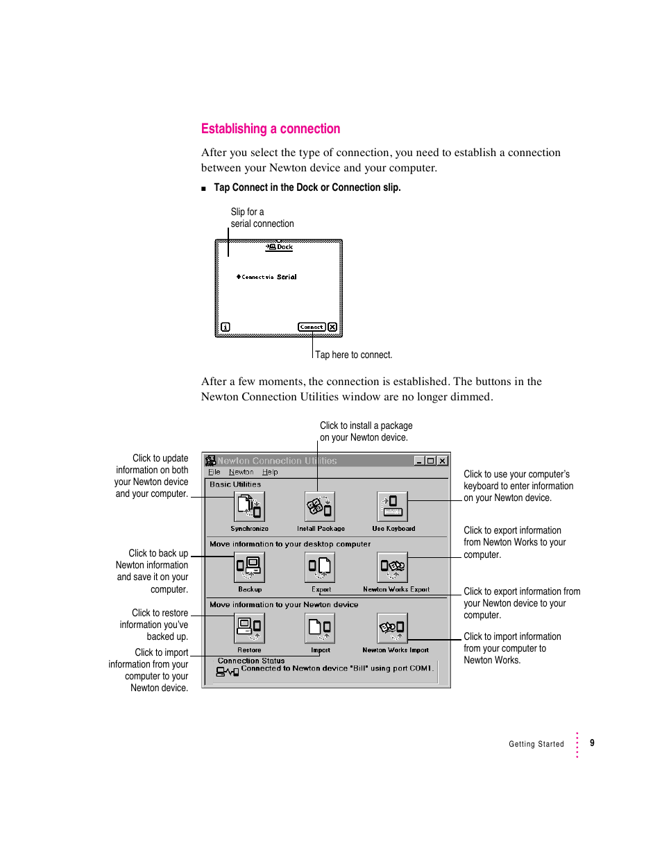 Establishing a connection | Apple Newton Connection Utilities (for Windows) User Manual | Page 9 / 108