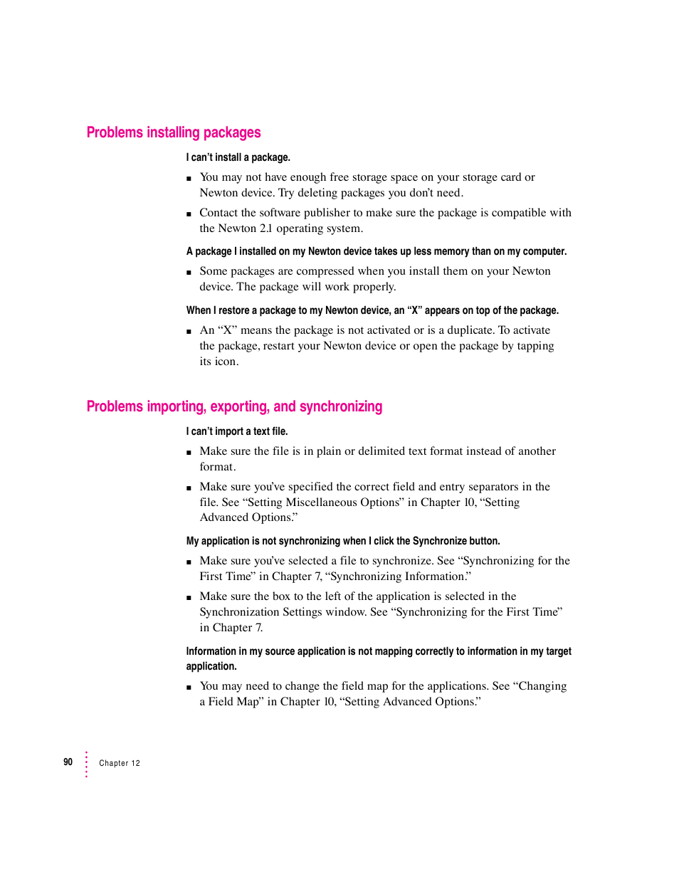 Problems installing packages, Problems importing, exporting, and synchronizing | Apple Newton Connection Utilities (for Windows) User Manual | Page 90 / 108