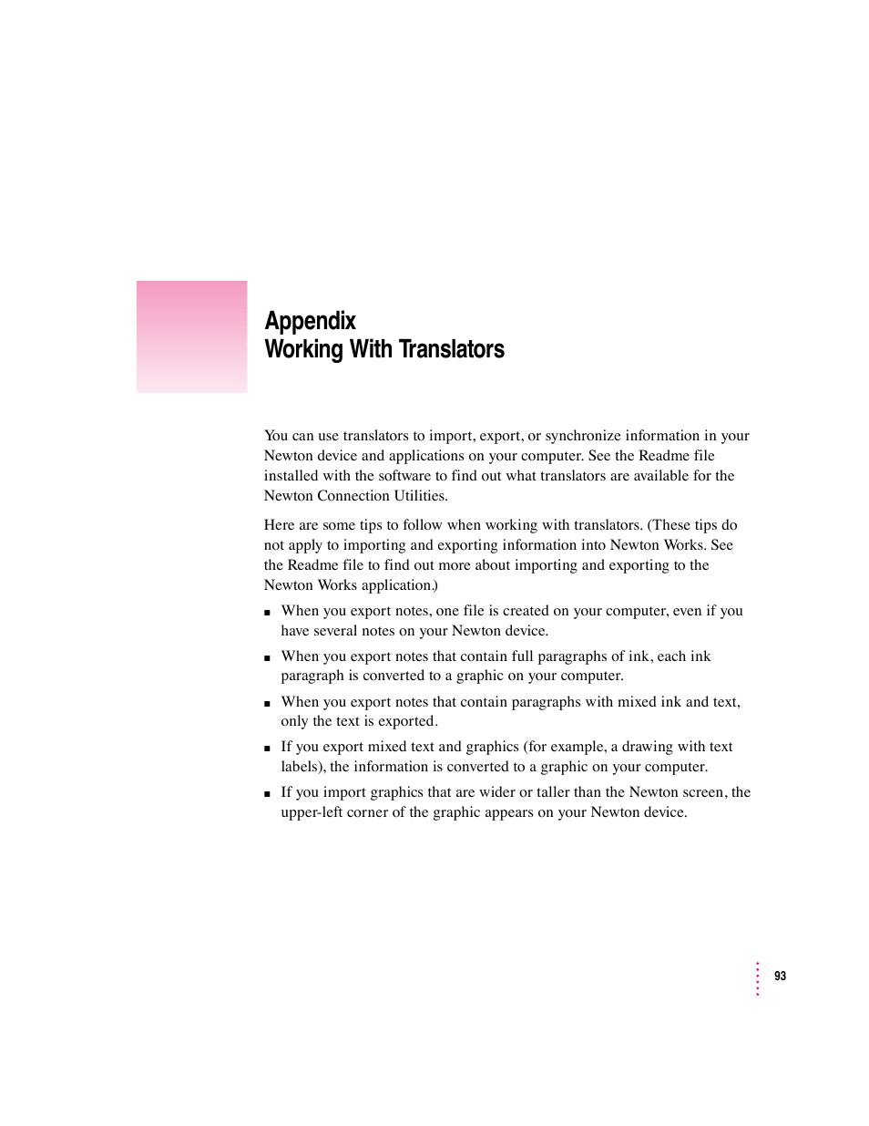 Appendix working with translators | Apple Newton Connection Utilities (for Windows) User Manual | Page 93 / 108