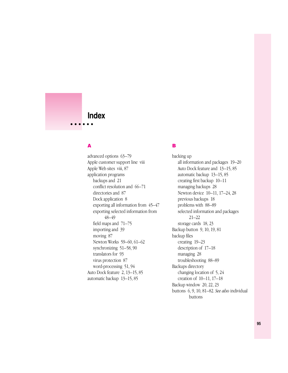 Index | Apple Newton Connection Utilities (for Windows) User Manual | Page 95 / 108
