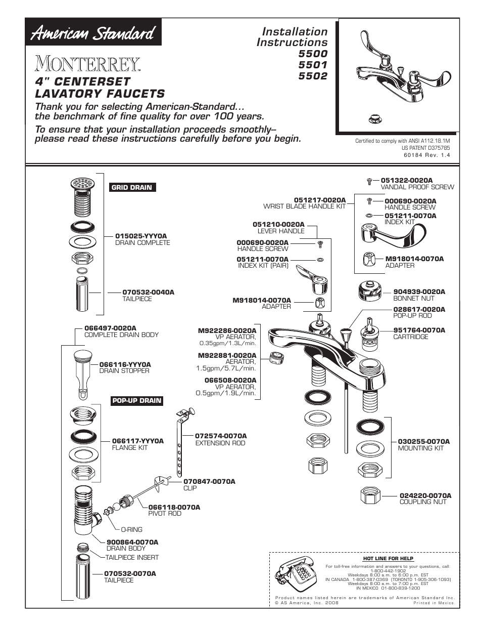 American Standard MONTERREY 5501 User Manual | 2 pages