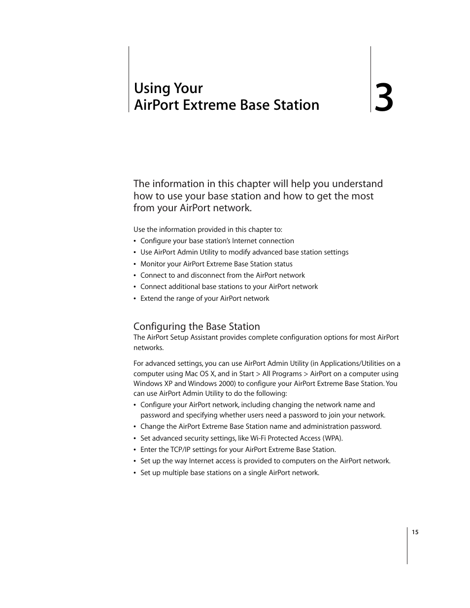 Using your airportextremebasestation, Configuring the base station, Chapter 3 | Using your airport extreme base station | Apple AirPort Extreme Base Station v4.2 User Manual | Page 15 / 36