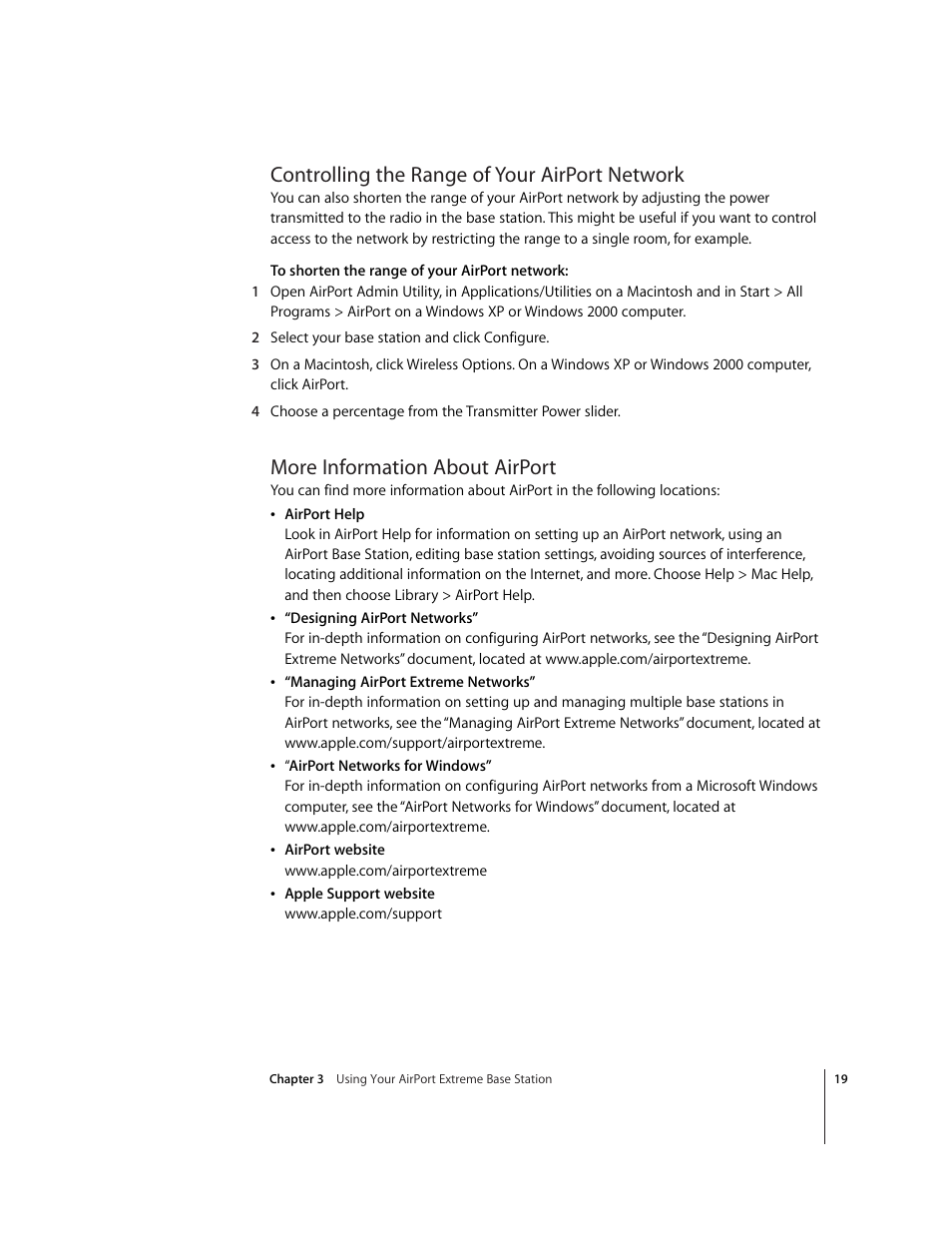 Controlling the range of your airport network, More information about airport | Apple AirPort Extreme Base Station v4.2 User Manual | Page 19 / 36