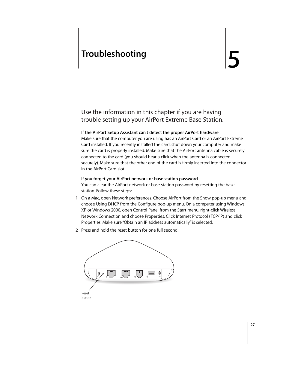 Troubleshooting, Chapter 5 | Apple AirPort Extreme Base Station v4.2 User Manual | Page 27 / 36