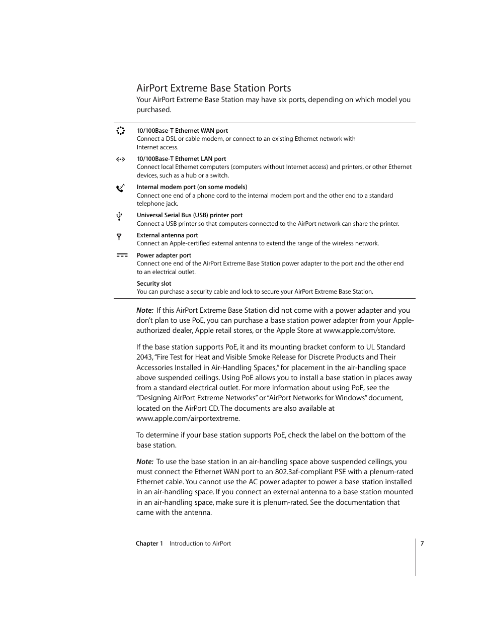 Airport extreme base station ports | Apple AirPort Extreme Base Station v4.2 User Manual | Page 7 / 36