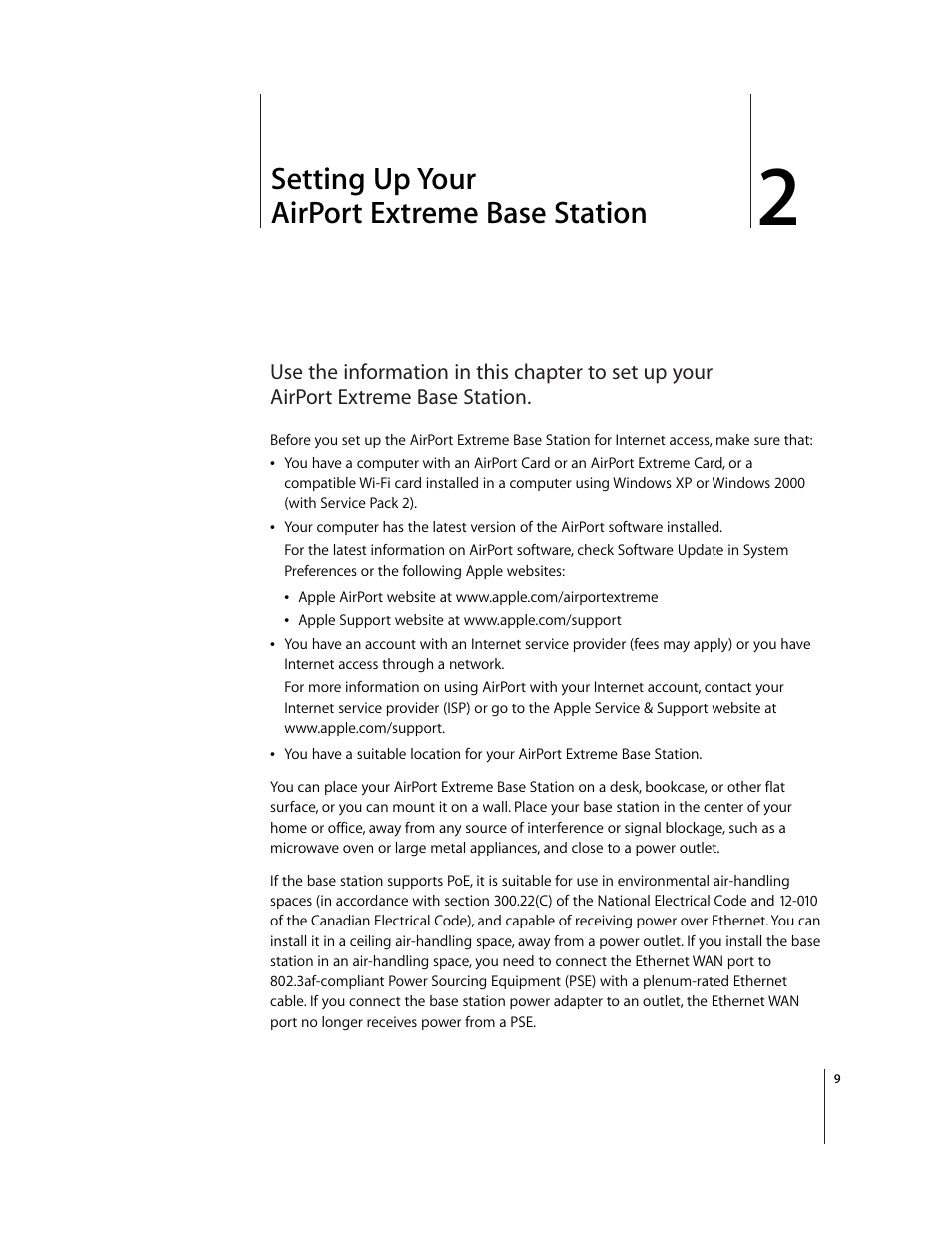 Setting up your airportextremebase station, Chapter 2, Setting up your airport extreme base station | Apple AirPort Extreme Base Station v4.2 User Manual | Page 9 / 36
