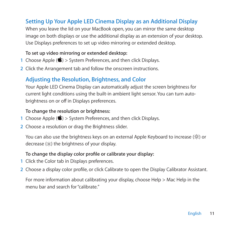 Adjusting the resolution, brightness, and color | Apple LED Cinema Display (27-inch) User Manual | Page 11 / 104