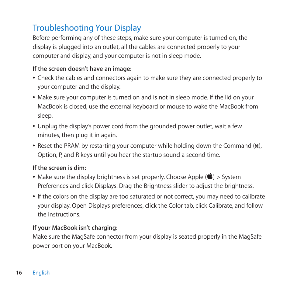 Troubleshooting your display, 16 troubleshooting your display | Apple LED Cinema Display (27-inch) User Manual | Page 16 / 104