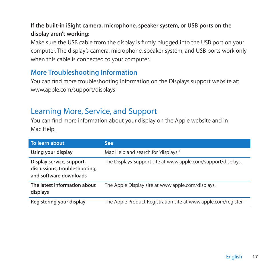 Learning more, service, and support, 17 learning more, service, and support, More troubleshooting information | Apple LED Cinema Display (27-inch) User Manual | Page 17 / 104