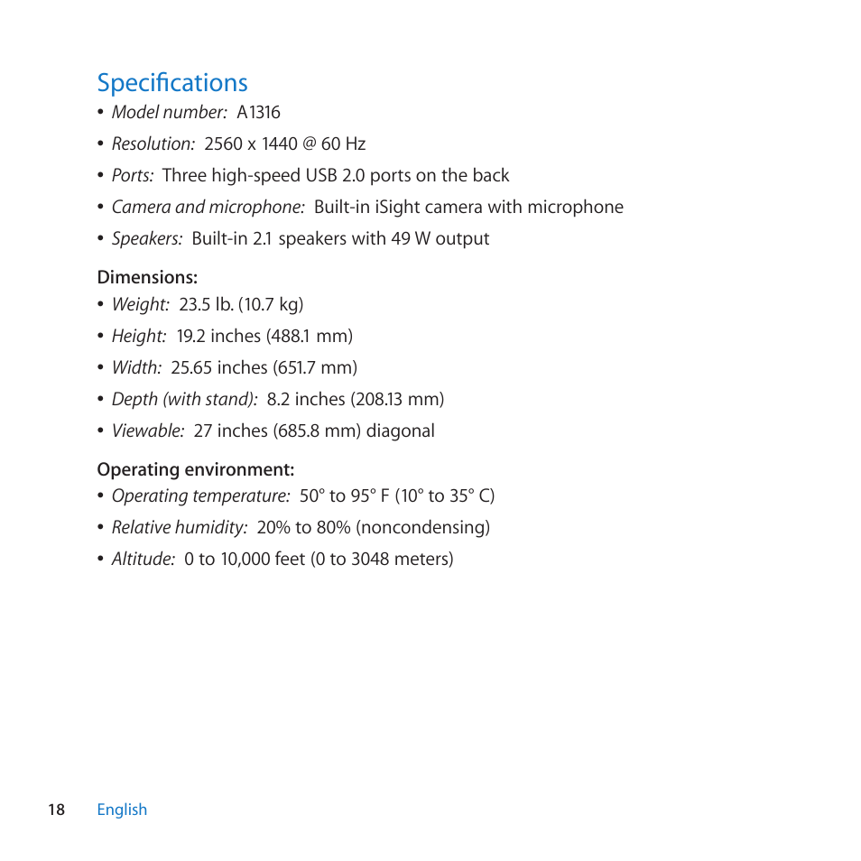 Specifications, 18 specifications | Apple LED Cinema Display (27-inch) User Manual | Page 18 / 104