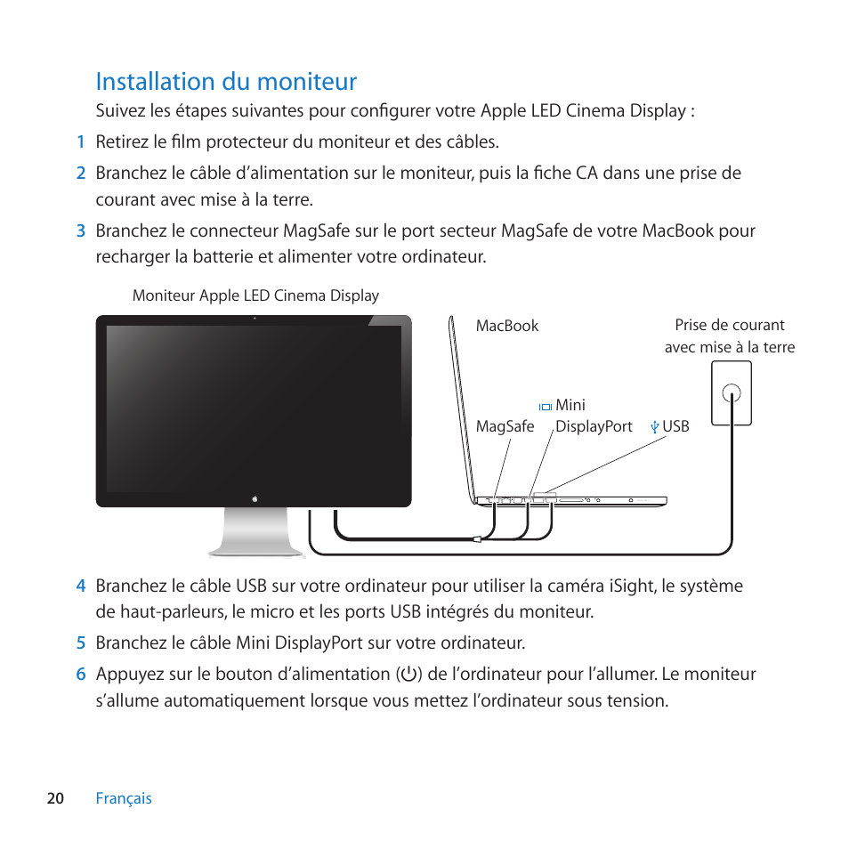 Installation du moniteur, 20 installation du moniteur | Apple LED Cinema Display (27-inch) User Manual | Page 20 / 104