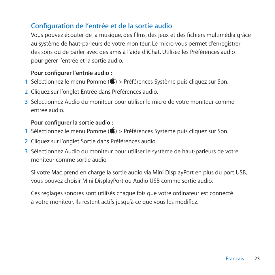 Configuration de l’entrée et de la sortie audio | Apple LED Cinema Display (27-inch) User Manual | Page 23 / 104