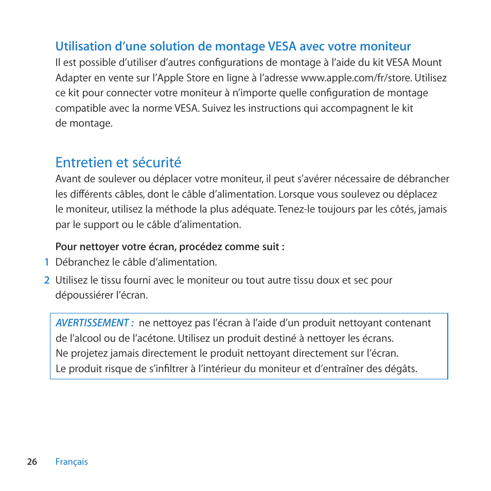 Entretien et sécurité, 26 entretien et sécurité | Apple LED Cinema Display (27-inch) User Manual | Page 26 / 104